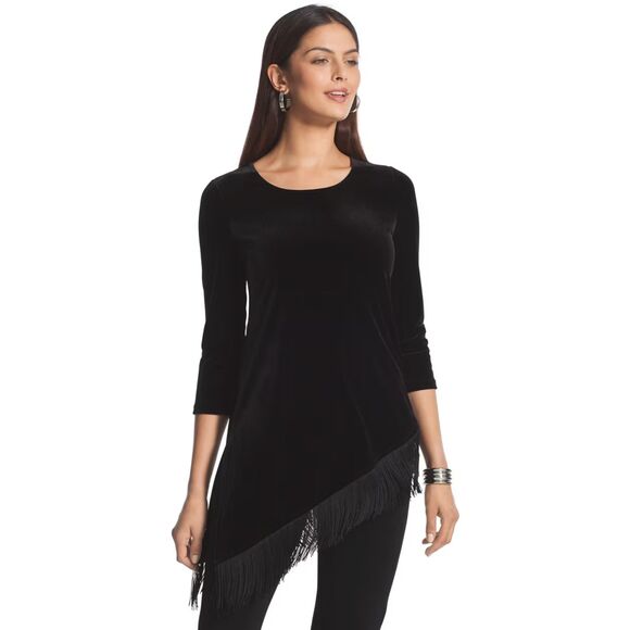 Chicos Travelers Velvet Fringe Tunic Top Womens XL 3 Black Asymmetrical - Picture 1 of 13